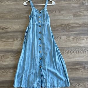 Light Blue Buttoned Tank Top Maxi Dress with POCKETS